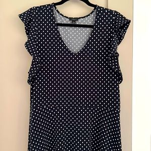 Navy dotted swing dress with flutter cap sleeves
